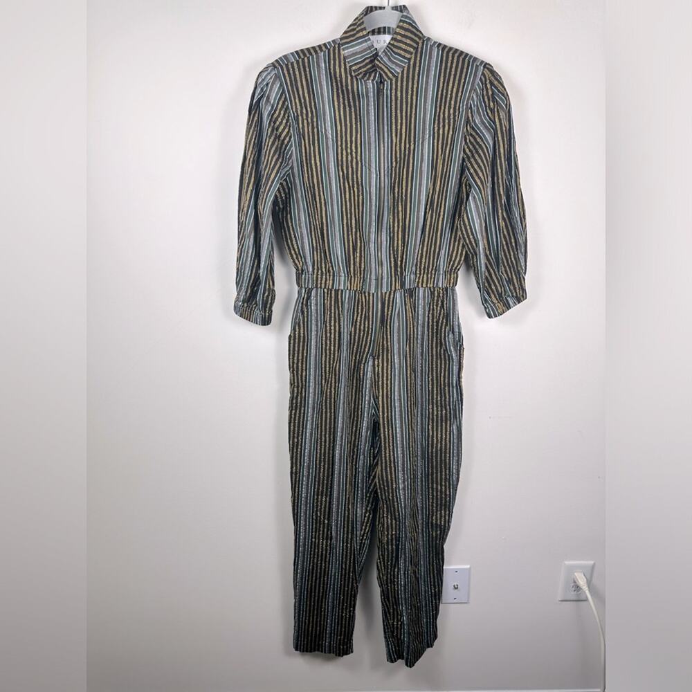 BURU Jumpsuit Women Small Black Good Metallic Striped Cinch Waist Disco Zipper